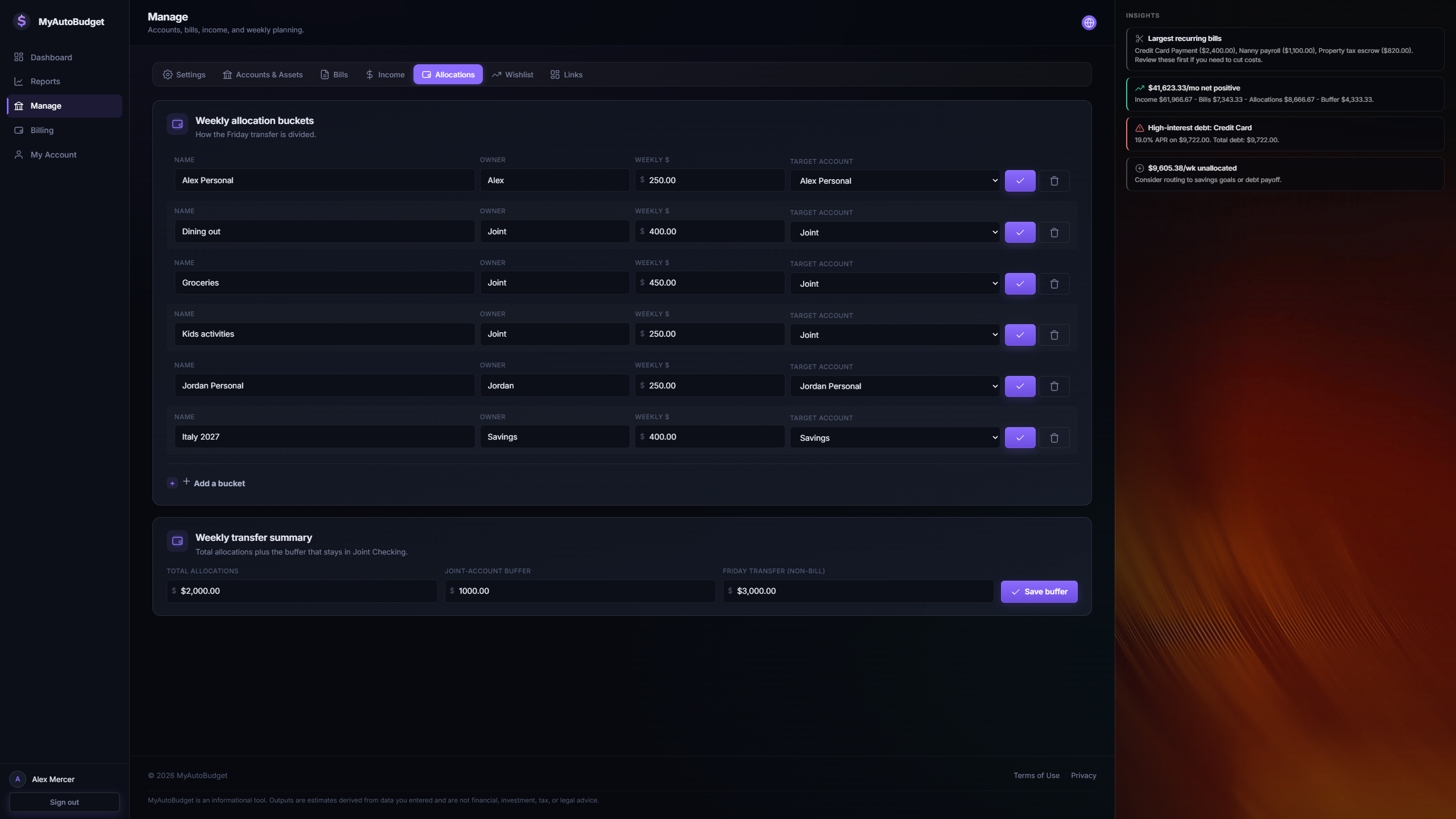 Allocation buckets section — owner-tagged weekly amounts for joint, personal, and savings groups