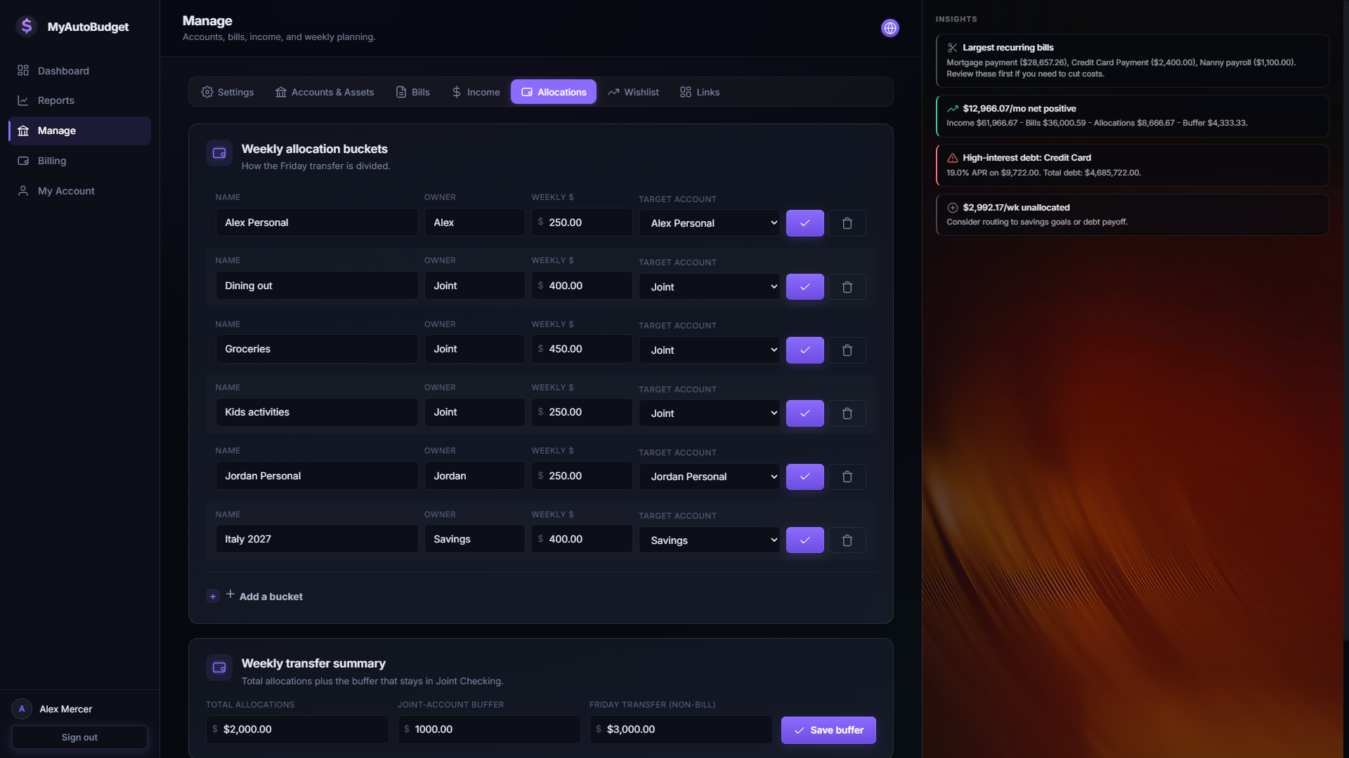 Allocation buckets on the manage page — owner tags, weekly amounts, and running balances
