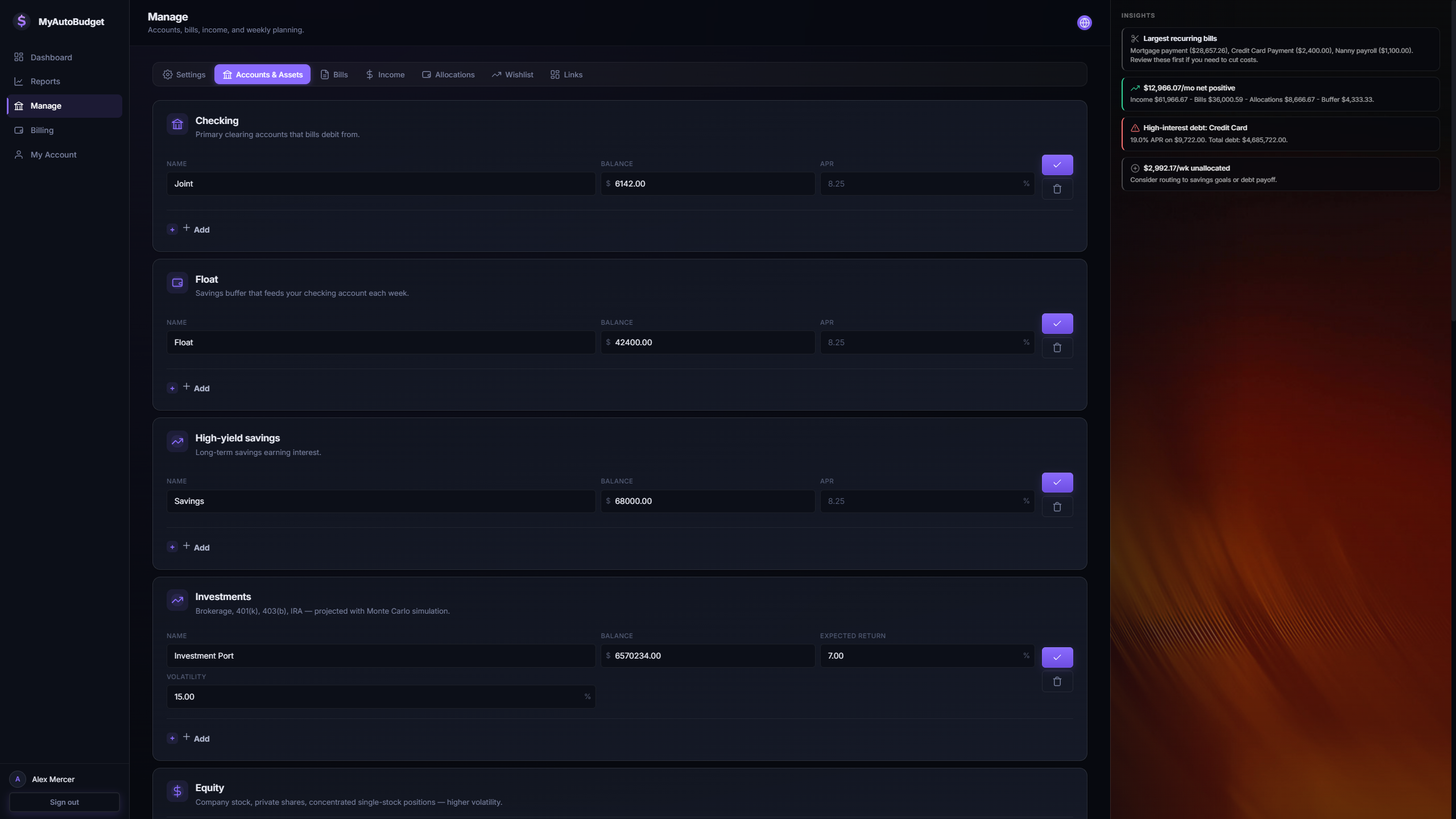 Accounts list on the manage page — checking, float, high-yield savings, credit card, mortgage