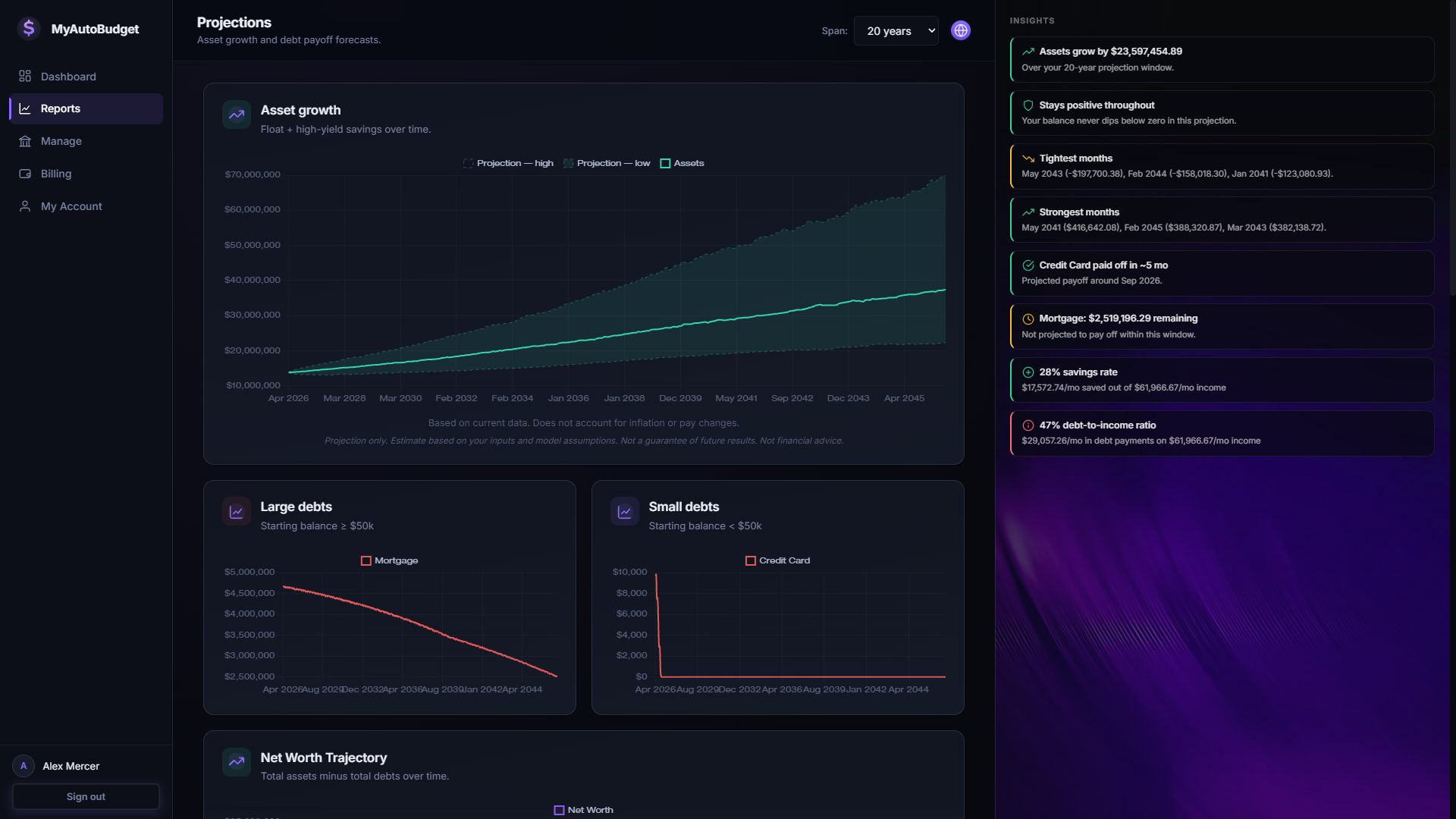 Reports page with projection chart, contextual insights, and future-income panel